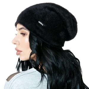 black kangol fuzzy beanie hat
